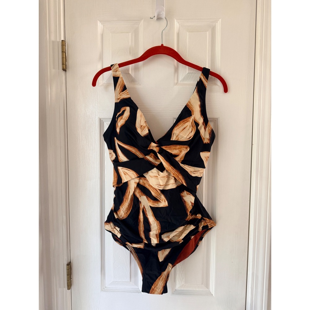 DKNY One Piece Swimsuit Black Abstract Print Twisted‎ V Neck Women's Size Large